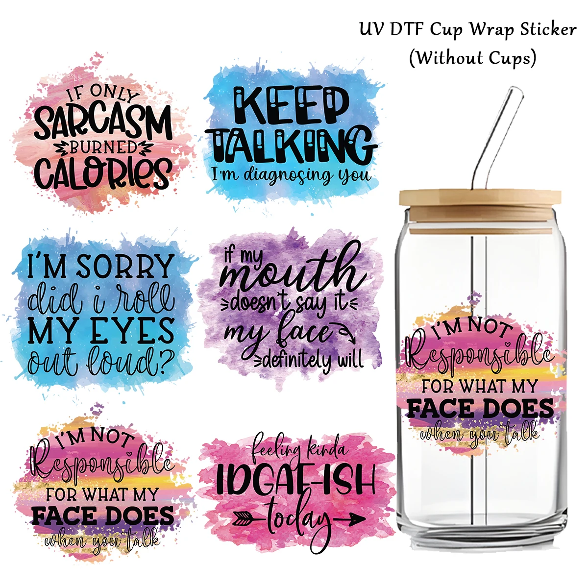 6pcs/pack UV DTF Cup Wrap Decals Inspirational Quotes Design Stickers for Glass Cups Mugs Water Bottle DTF Transfer Stickers