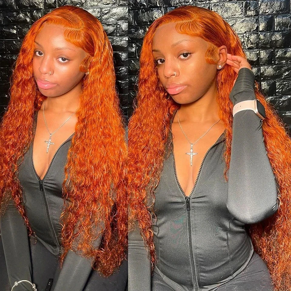 13x4 Ginger Orange Lace Frontal Wigs Human Hair 350 Deep Wave Lace Wig 180% Water Wave Remy Brazilian Burnt Orange Wig For Women