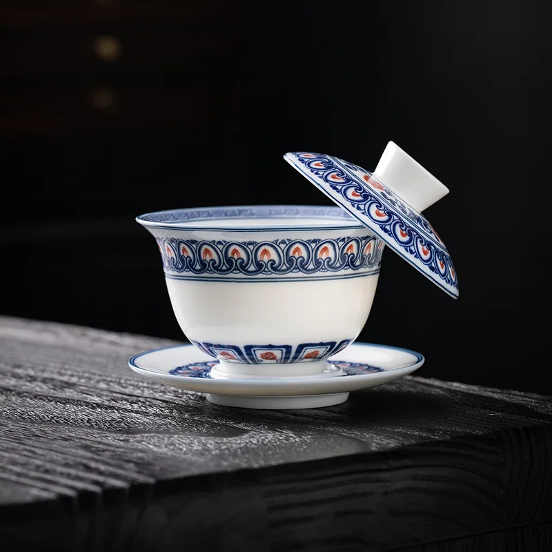 

High Quality Pure Hand Drawing Teacup Single High-Grade Blue and White Glaze Red Ceramic Tea Bowl Kung Fu Three Talent Cup Set