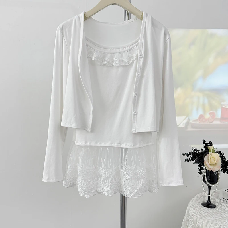 Printemps femmes Cardigan ensemble coréen dentelle Patchwork débardeur avec couleur unie court Cardigand élégant ensembles de vêtements d'extérieur pour femmes