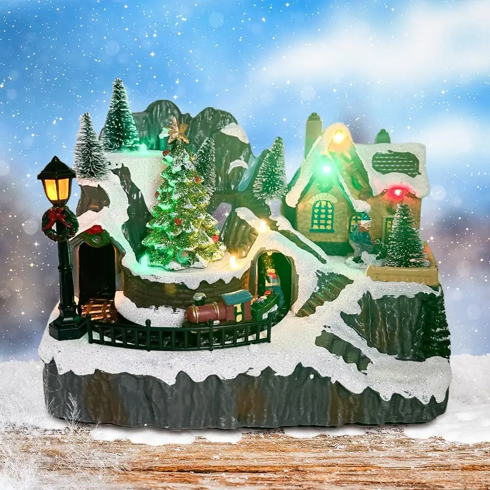 Estatuilla de pueblo navideño con música, luces, árbol y tren en movimiento para decoración navideña en interiores