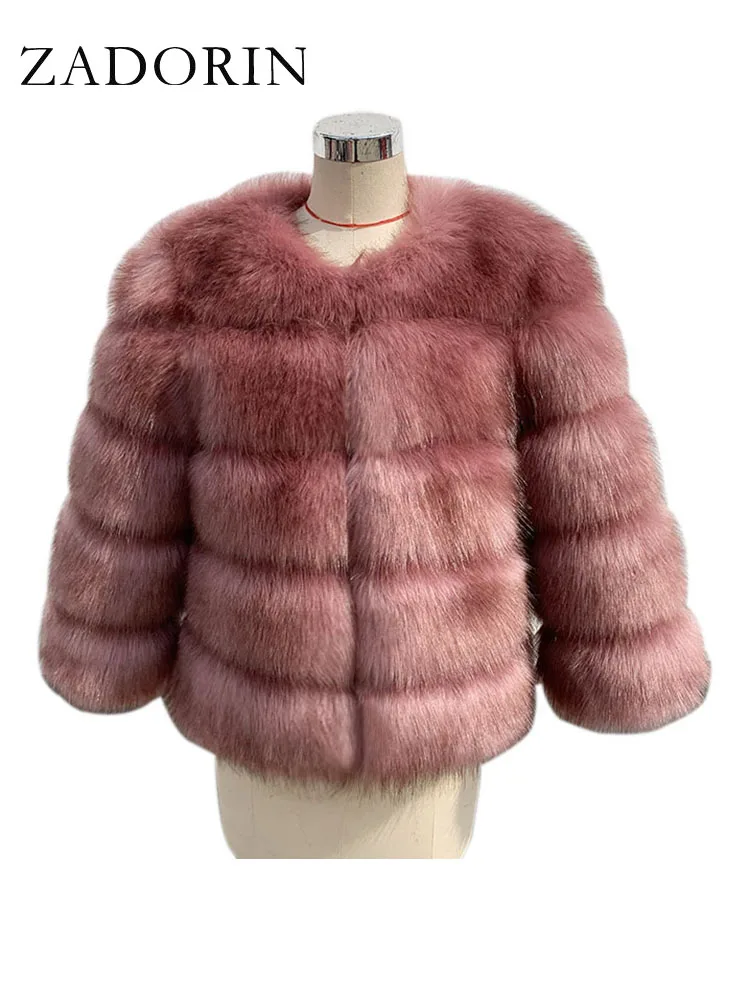 Zadorin casaco de pele de raposa falsa de alta qualidade feminino luxo fofo quente 3/4 manga jaqueta de pele para mulheres inverno curto casaco de vison outerwear