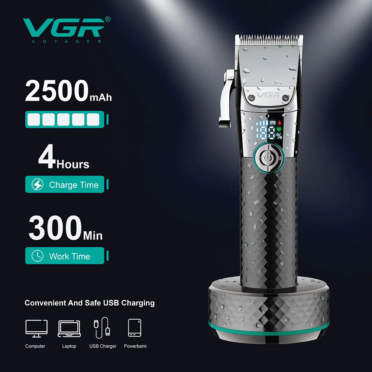 VGR V-682 Venta caliente IPX7 impermeable profesional máquina para cortar cabello cortadora de pelo inalámbrica recargable cipper de pelo para hombres