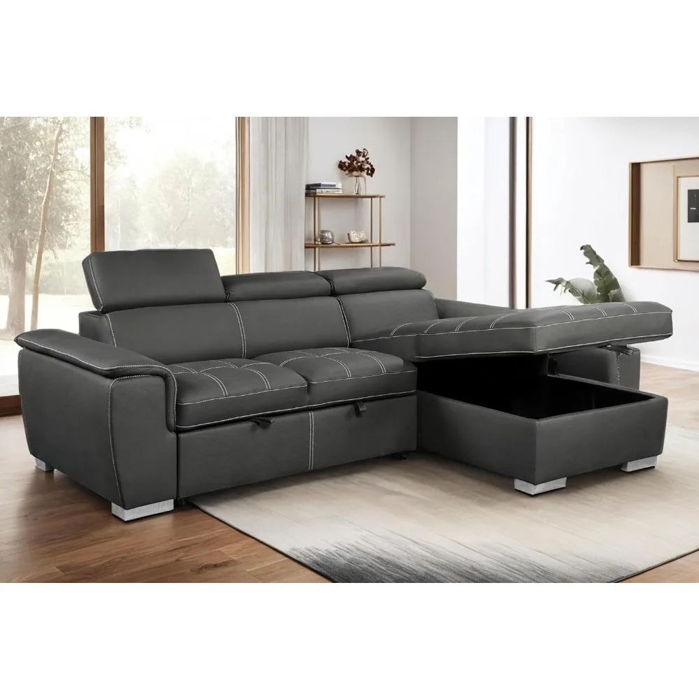 Microfiber L-Shaped Sectional Sleeper Sofa with Pull-Out Bed, 4-Seater Couch with Adjustable Headrests and Storage Chaise