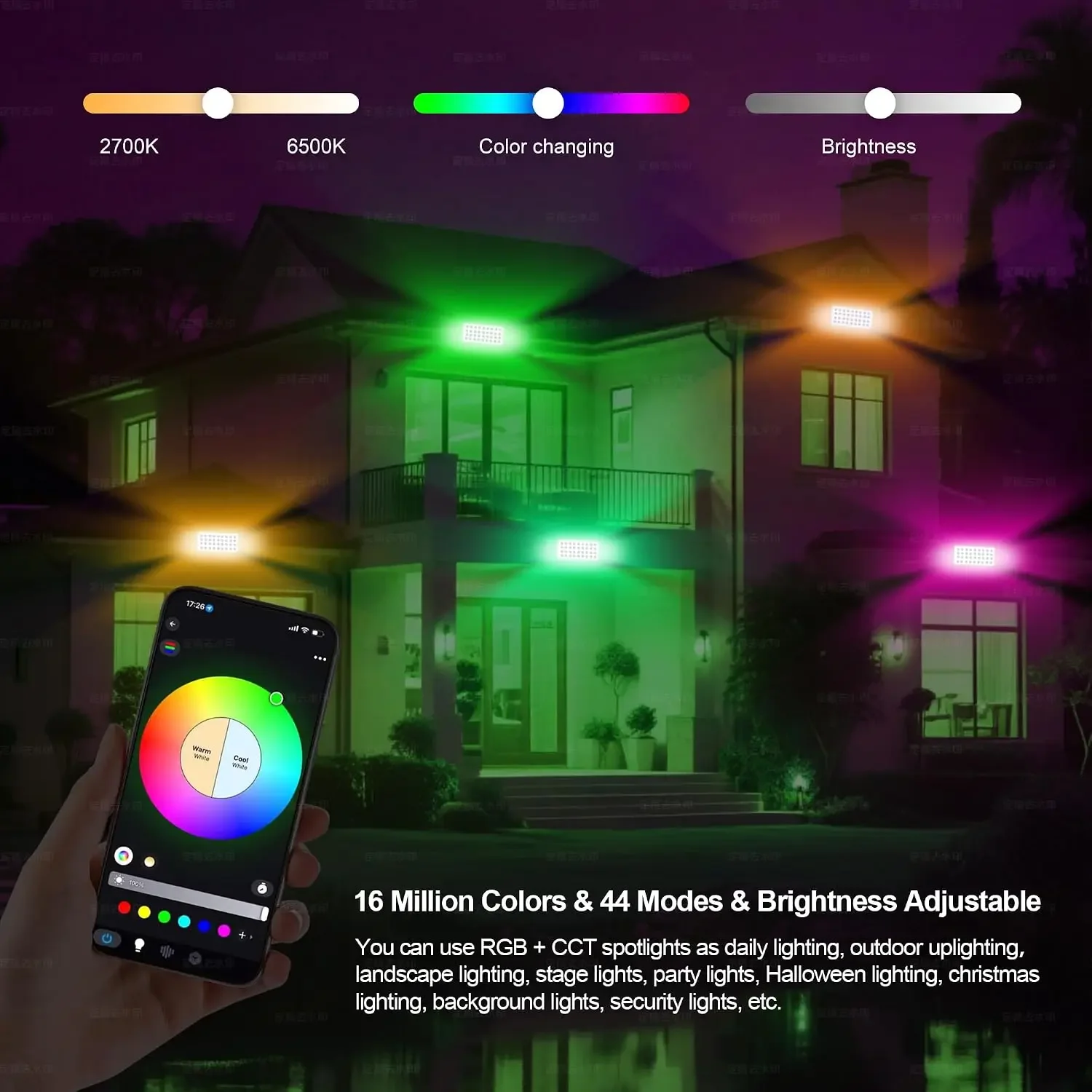 Smart Flood Light, Outdoor LED Light Bar, RGBCW Color Changing, 2700K-6500K Dimmable, IP65 Waterproof, App & Voice Control, Musi