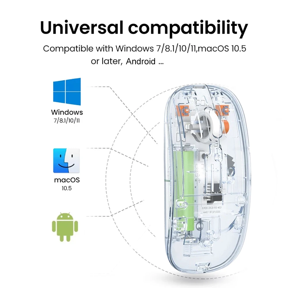 Mouse nirkabel Bluetooth 5.2 2.4G, Mouse tidak bersuara transparan dapat diisi ulang 1600DPI untuk MacBook Tablet komputer Laptop