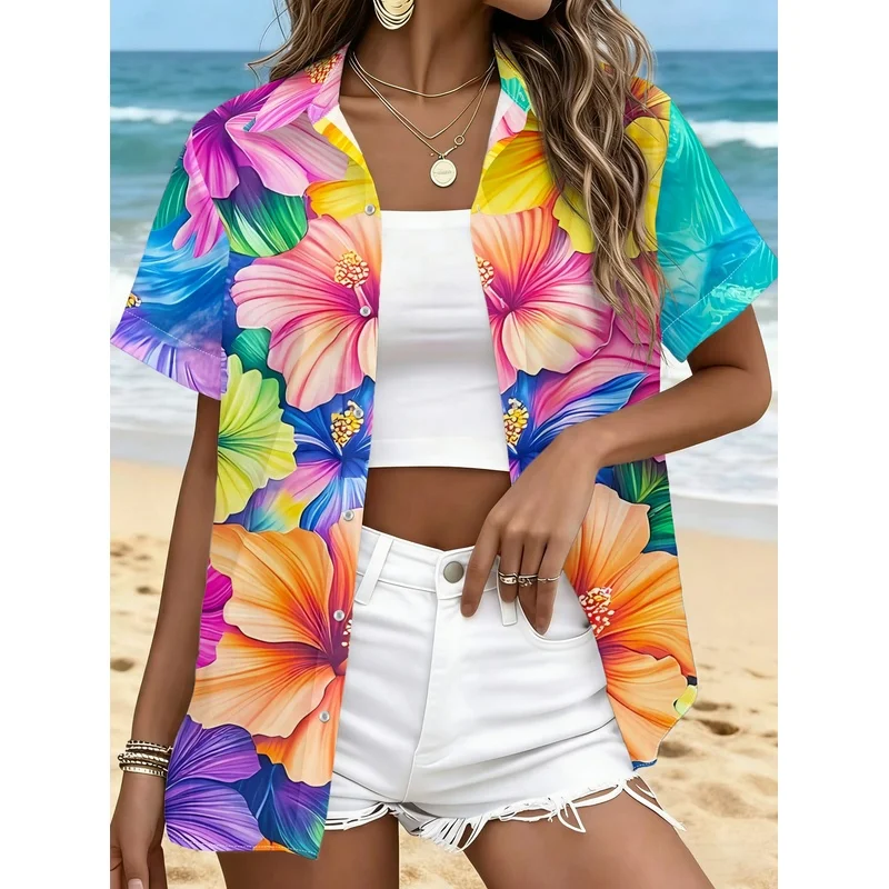 [Women's Floral Shirt] Women's Summer Short Sleeve Shirt - Tropical Floral Print Casual Vacation Style - 2026 New