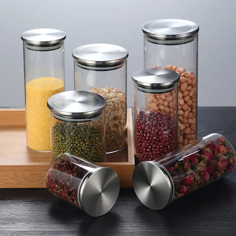 Transparent Storage Glass Jar Moisture Proof with Stainless Steel Lid Airtight Food Clear Container Leakproof