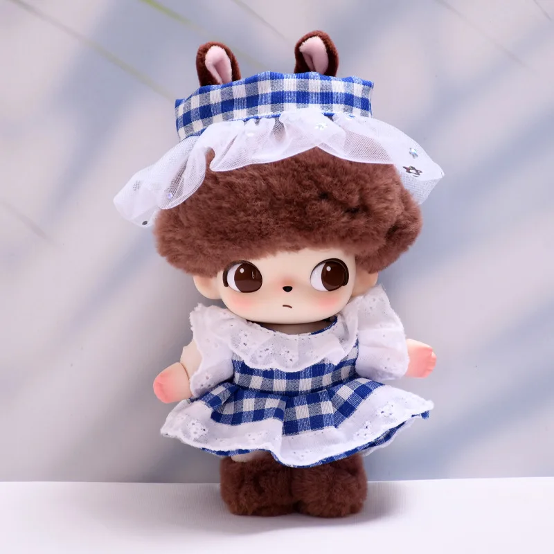 

Clothes For DIMOO WORLD 15/17Cm Labubu Gen 1-3 Pastoral Style Blue Plaid Skirt And Hairband Set Apparel Hanging Accessories