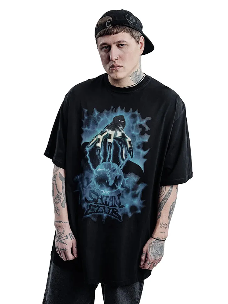 Men Tshirt Satan Club Graphic DARKLORD Goth Print Short Sleeve Oversized Y2k Streetwear Cotton Tops Korean Fashion Tees Clothing