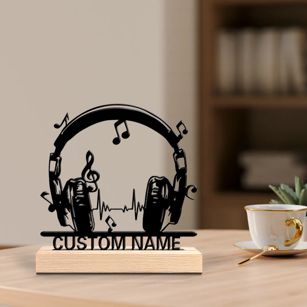 1pc Fashion Personalized Custom Music Headset Metal Statues Metal Art With Wooden Base Suitable For Office, Bedroom, Living Room