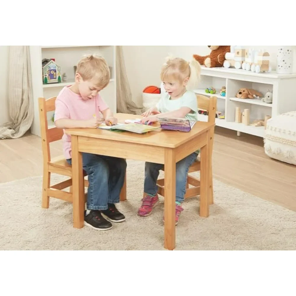 Melissa & Doug Solid Wood Table and 2 Chairs Set - Light Finish Furniture for Playroom,Blonde