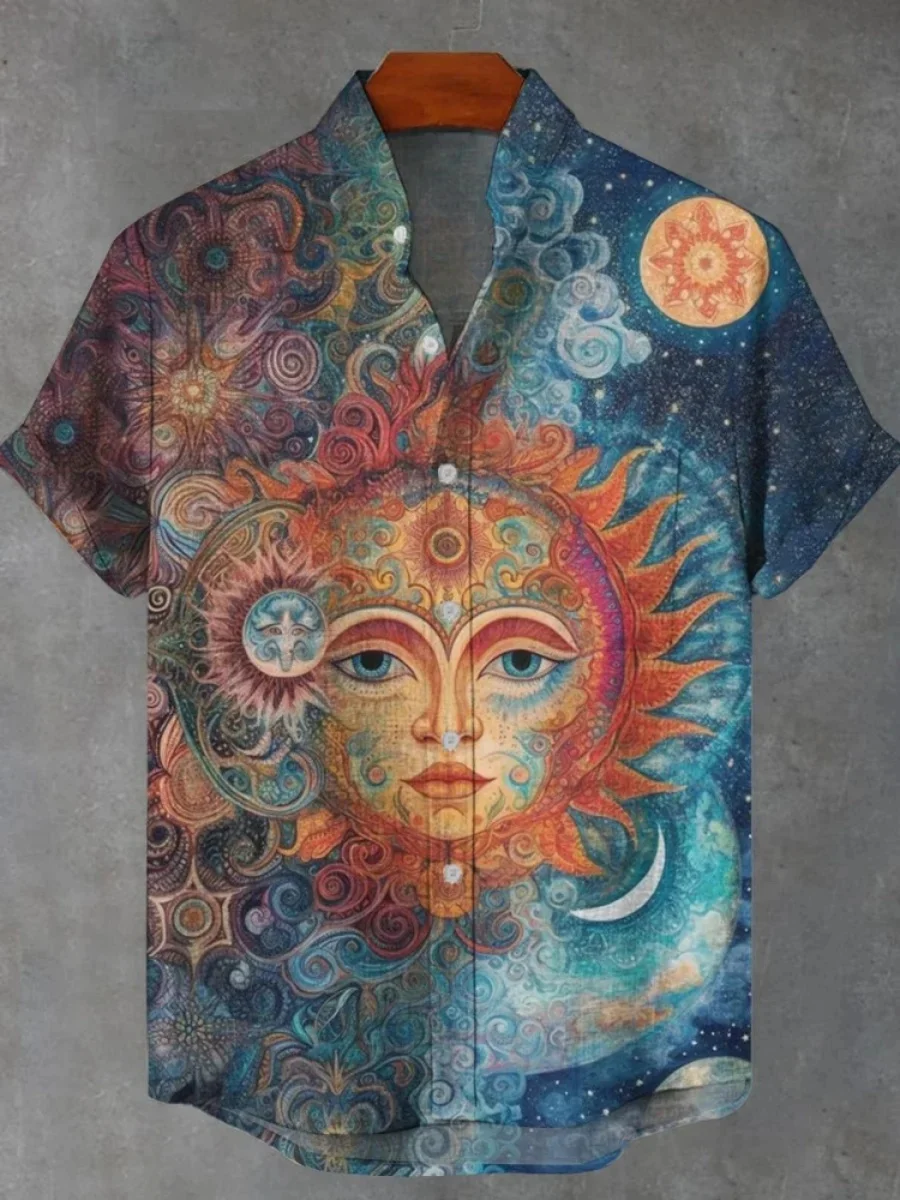 2025 Men's Summer Short Sleeve Shirt New Art Pattern Print Linen Shirt European and American Popular Street Trend