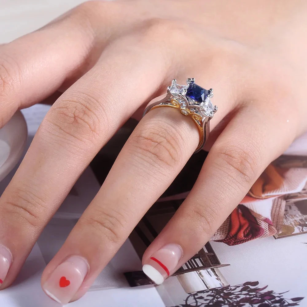 s925 Silver Sapphire Women's Ring Wedding Party Jewelry Paired with Evening Dress Premium Two tone Blue Diamond Zircon Ring