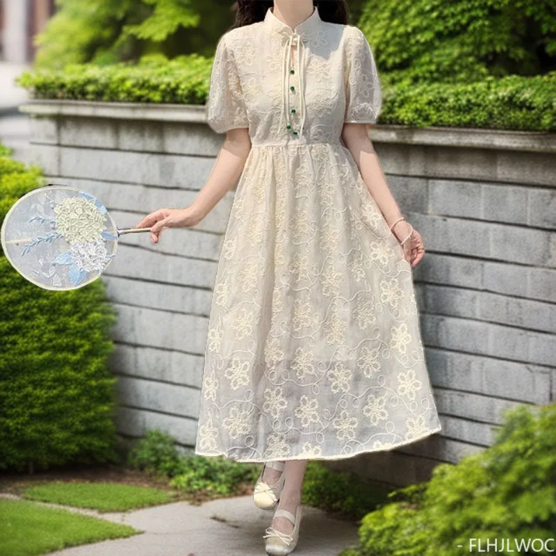 

Cheongsams Chinese Style Chi-pao Collar French Design 2024 Summer Short Sleeve Retro Vintage Bow Button Lolita Style Cute Dress