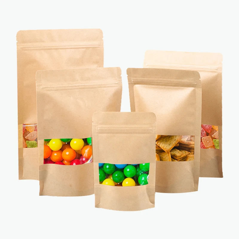 10pcs Kraft Paper Bag With Clear Window Stand Up Resealable Self Sealing Packaging Bags Cookie Snack Tea Food Storing Supplies