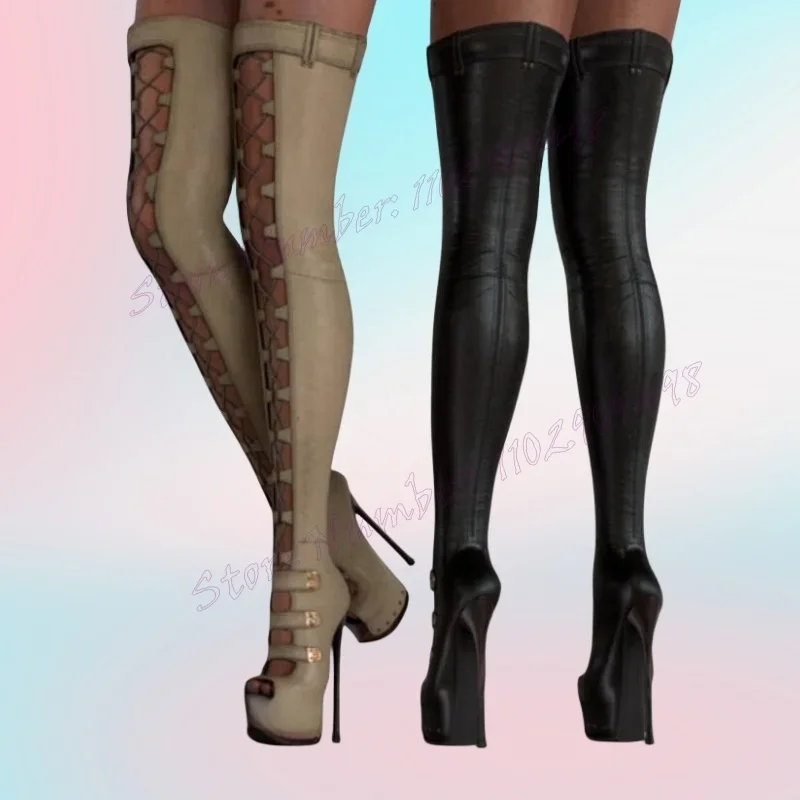 

Black Hollow Out Strappy Boots Over The Knee Platform Shoes for Women Thin High Heels Sexy Lady Shoes 2024 Zapatos Para Mujere