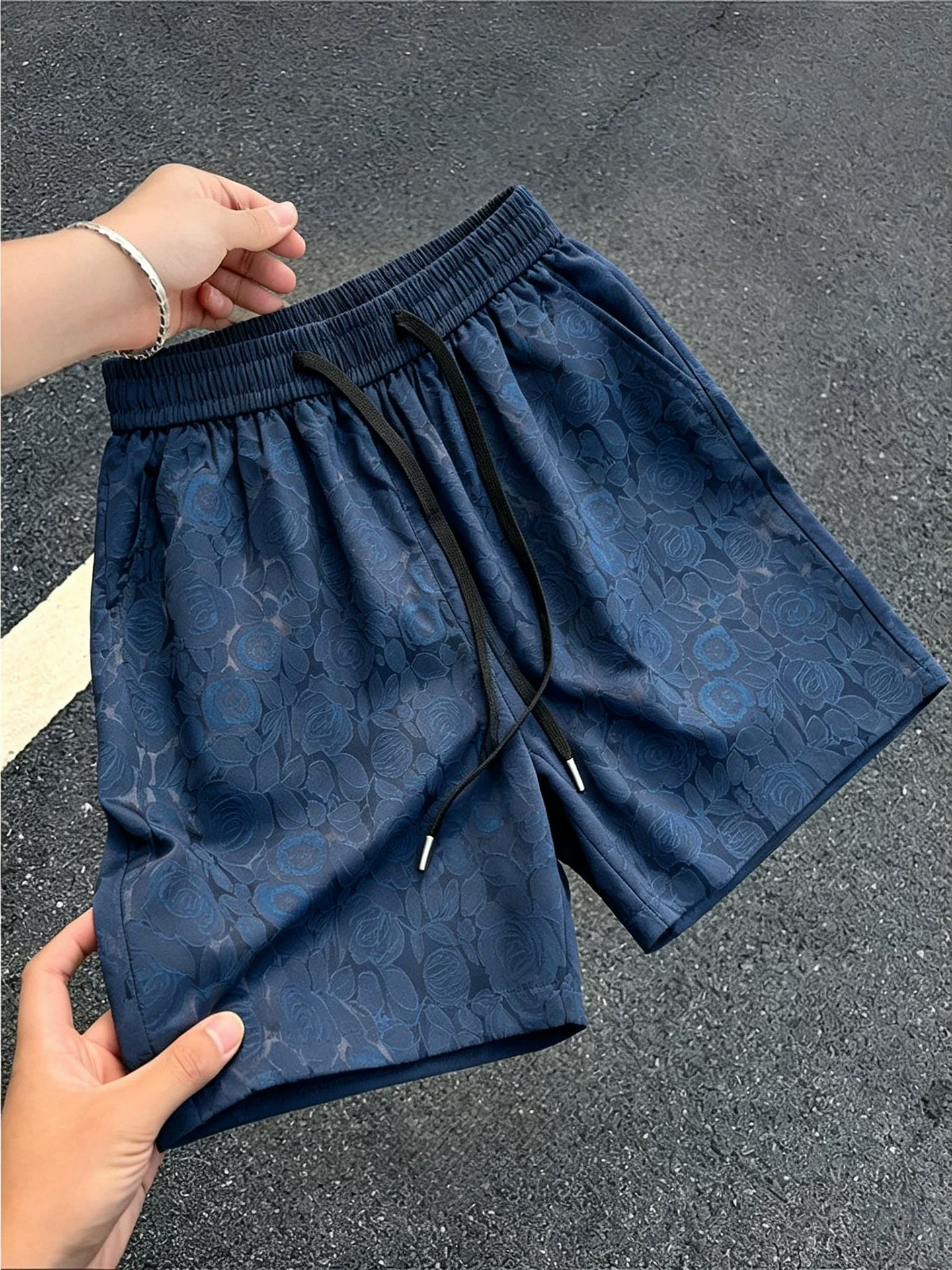 Tibetan Blue Ice Silk Shorts Men's Summer Thin New Chinese Style Five-Part Beachwear Casual Loose Fit mid Waist Floral Pattern