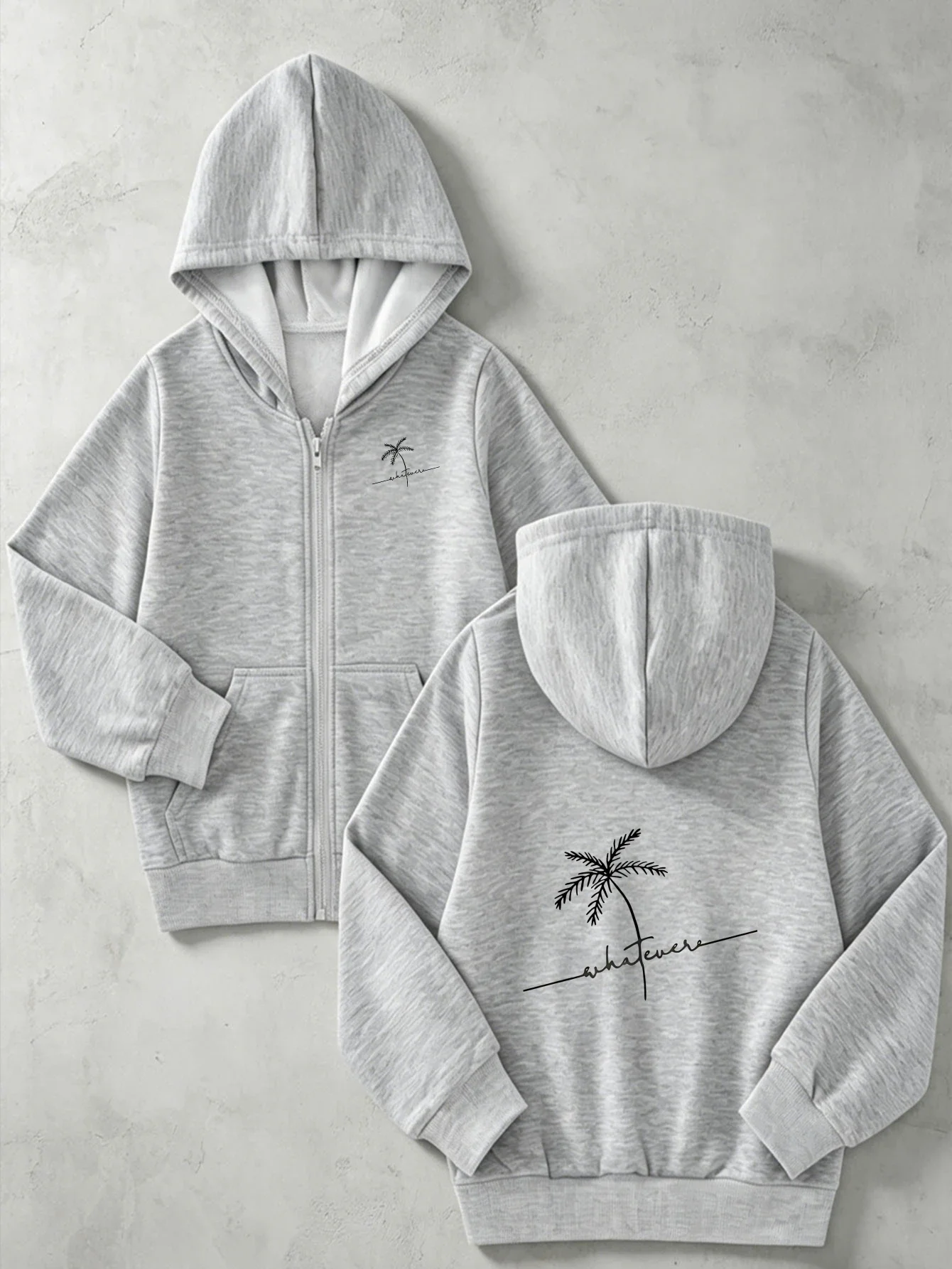 Kids Zip Up Hooded Jacket Minimal Palm Tree Whatever Script Print Long Sleeve Casual Street Hoodie Girls Daily Outdoor Top