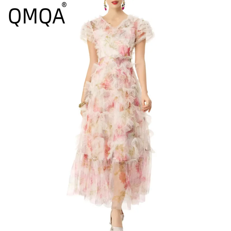 QMQA Fashion Women's Printing Dresses V-neck Short-sleeved Mesh Dress Waist-cinching Spring Summer New Style 2026 Female QM1204
