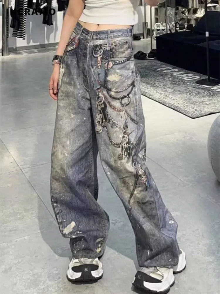 American Heavy Industry 3D Chain Printed Straight Jeans Women Retro Washed Loose Fashion Street Casual High Waist Straight Jeans