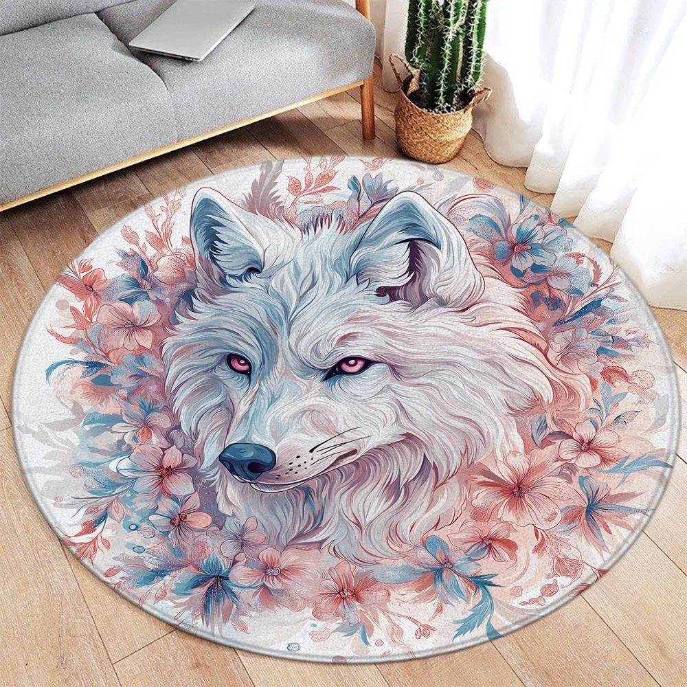 White Wolf Round Carpet Watercolour Floral Wild Animal Flannel Mat Home Living Room Bedroom Decorative Floor Rugs