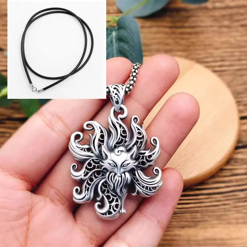 Original Real  Nine tail Fox Spirit Fox retro S999 sterling silver long sweater chain necklace pendant lanyard Ornament