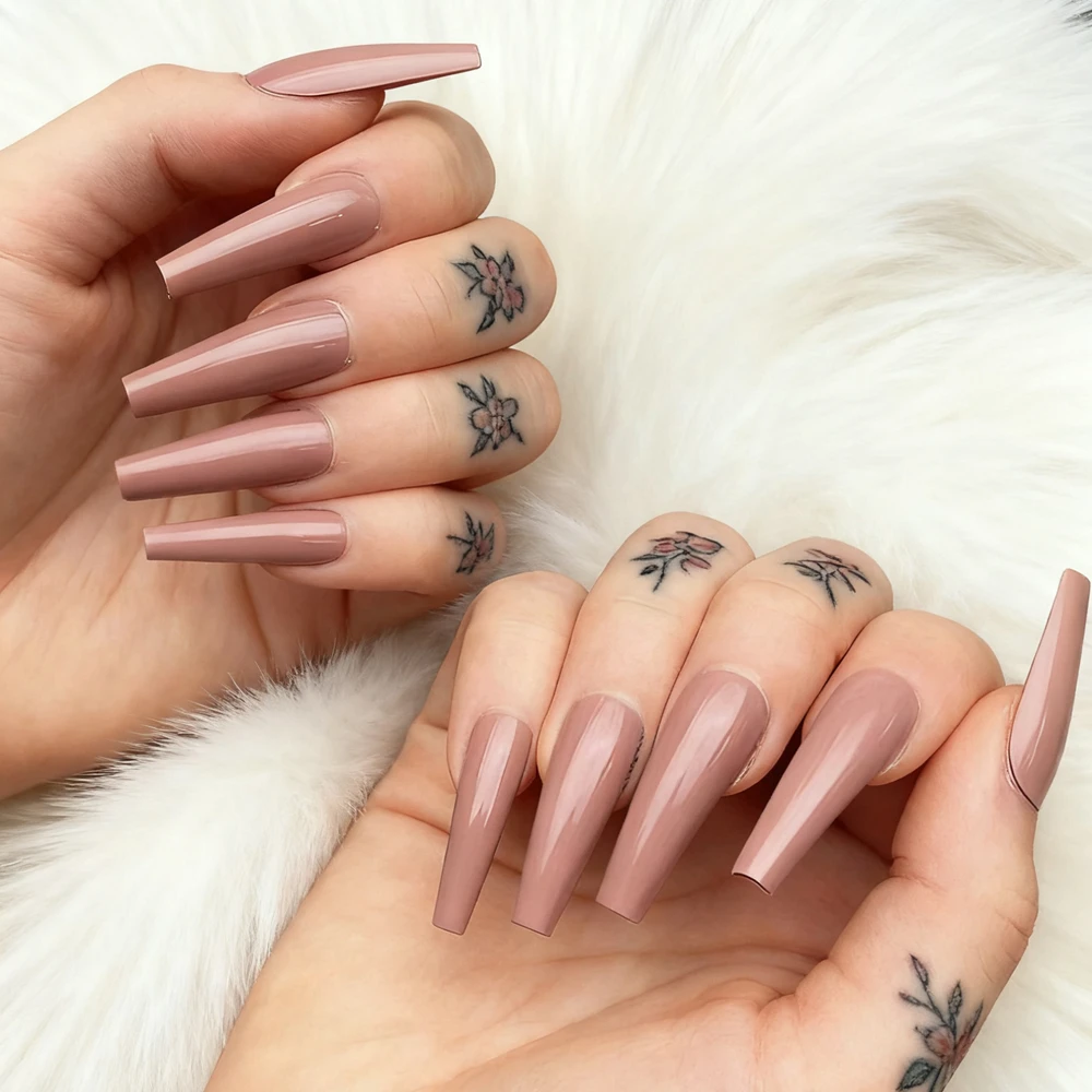 48Pcs Shiny Nude Long Artificial Fake Nails With Glue Ballet Stiletto Shaped False Nails DIY Woman Finger Tips Manicure Tools