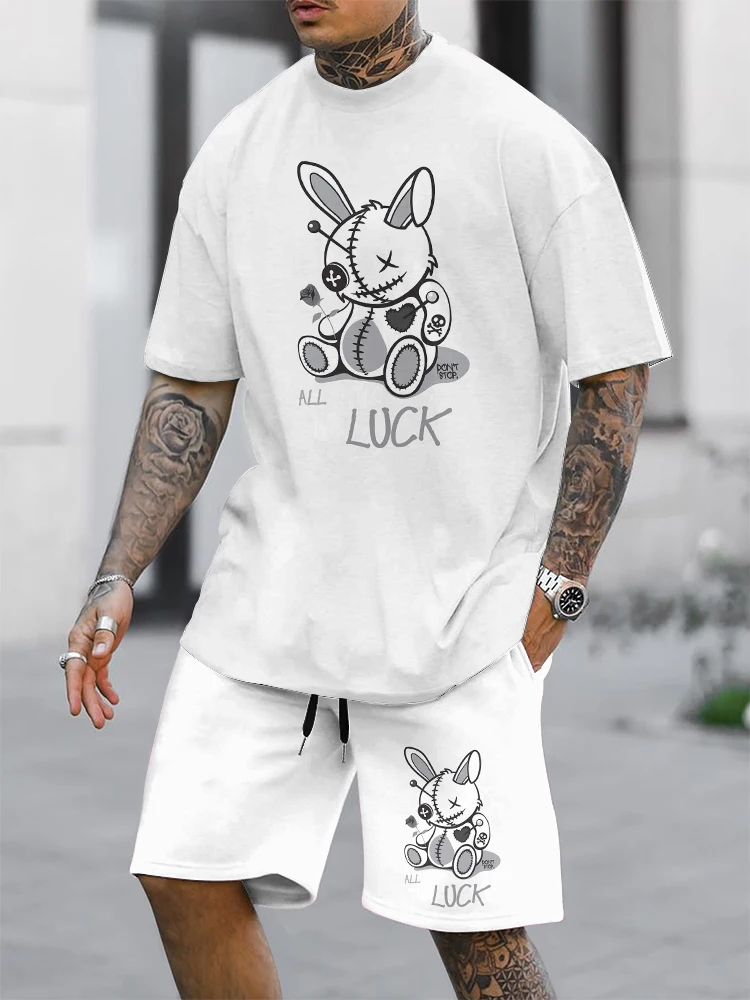 2024 Lucky Rabbit Print Short Sleeve T-shirt And Shorts 2 / Summer Men's Fashion Street Short Sleeve Suit Loose And Oversized