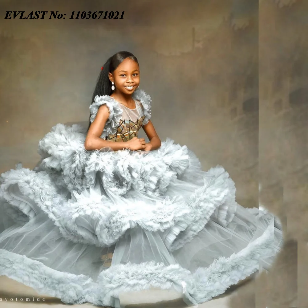 

EVLAST Customized Grey Ruffles Flower Girl Dress For Weddings Tiered Gold Beaded Girls Pageant First Communion Gowns FD37