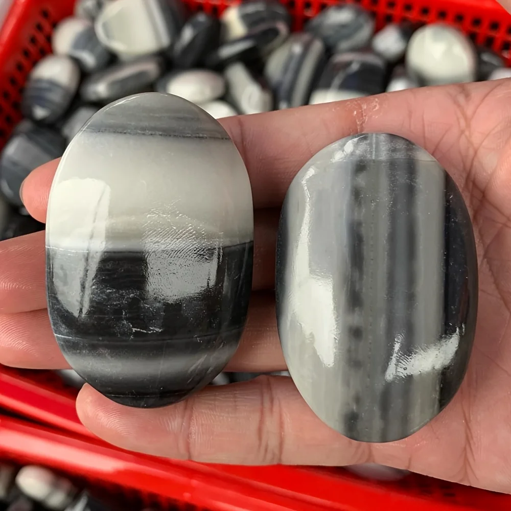 Rare Tai Chi Stone Palm Stone - Bohemian Style Black & White Irregular Stripes, Natural Stone for Home Decor, Crystal Collectors