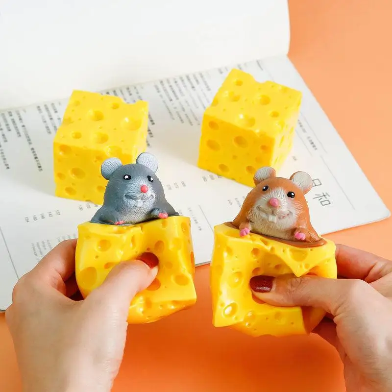 Cute Cheese Mouse Squeeze Stress Relief Toys TPR Elastic Cheese Spoofs Prank Decompression Squishy Toys