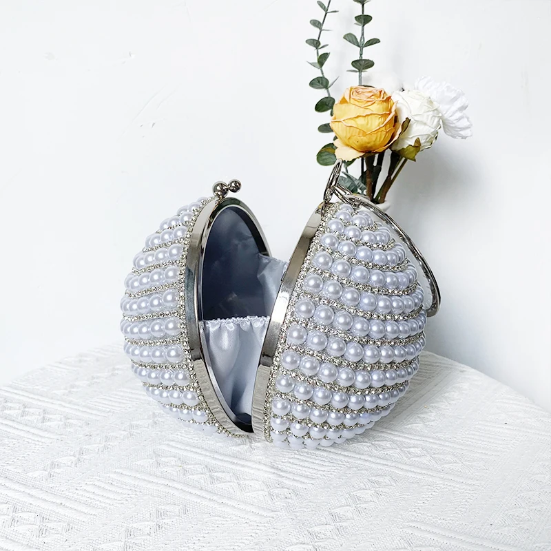 女性のための豪華なパールボールハンドバッグ,きらびやかなクリスタルのラインストーン,丸いイブニングハンドバッグ,きらびやかなシルバーのパーティー財布,トップファッション