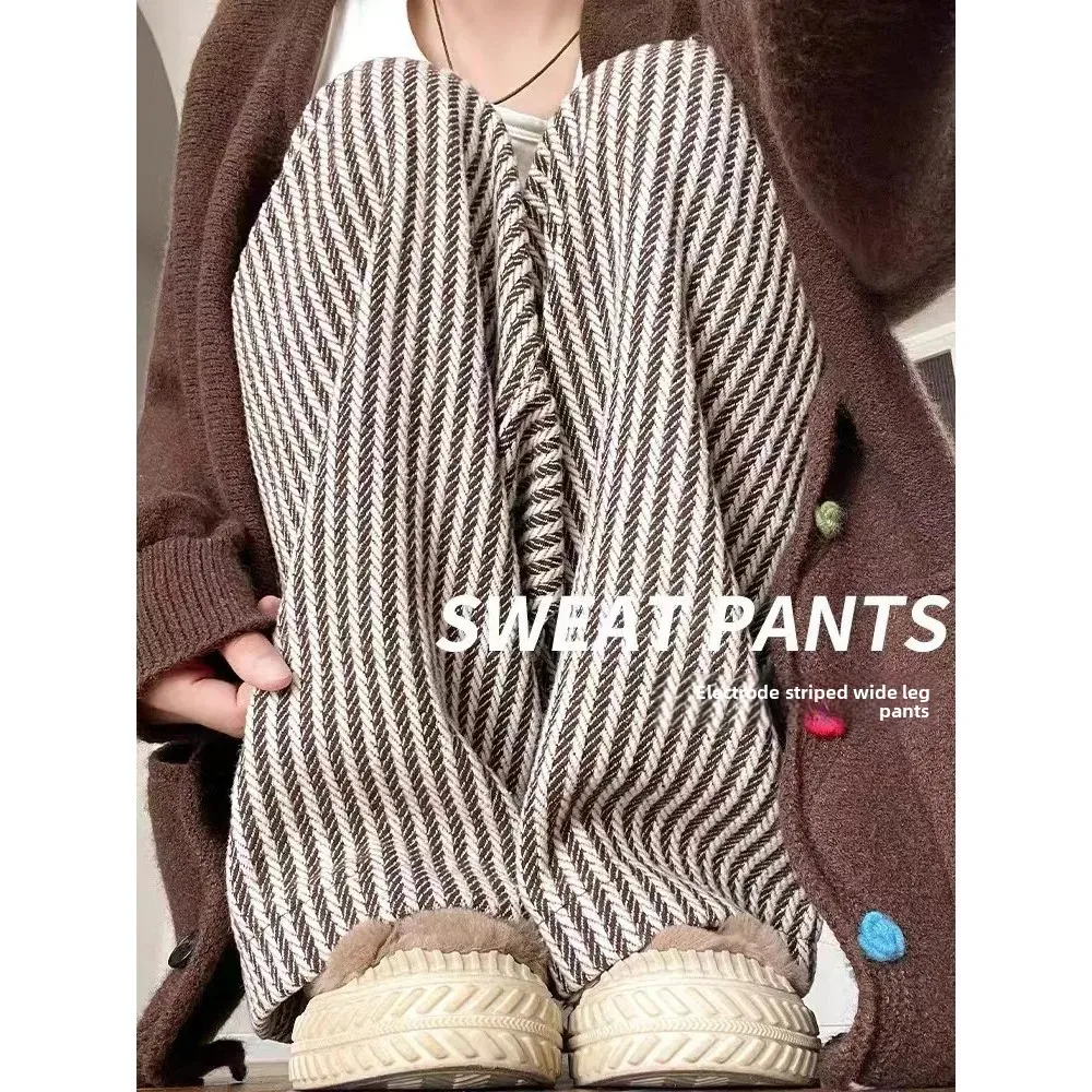 الكاكي العمودي مخطط السراويل الصوفية المرأة ربيع الخريف جديد الكورية نمط الرجعية مستقيم الساق الطابق طول مرونة الخصر واسعة