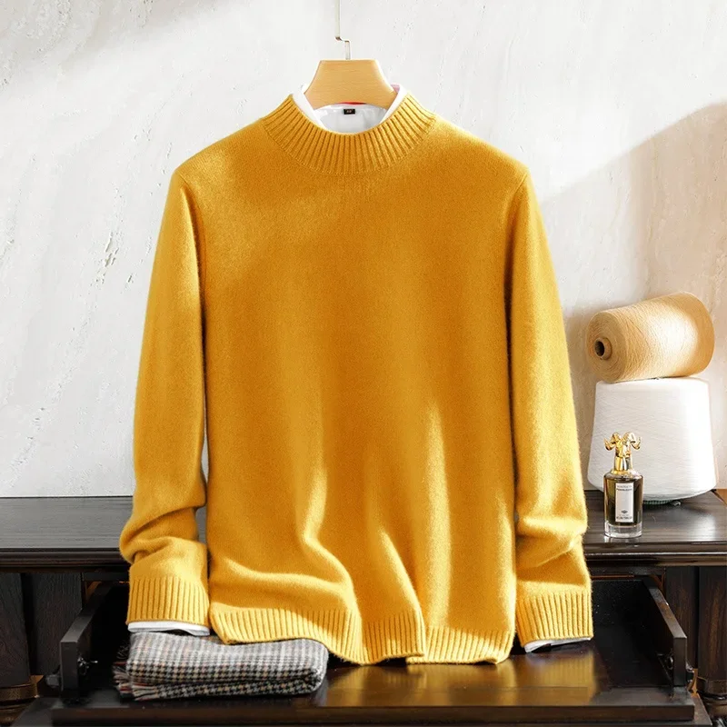 Solid color plain knitted half high neck pullover for men's sweater, thickened cashmere sweater, 100% pure cashmere sweater