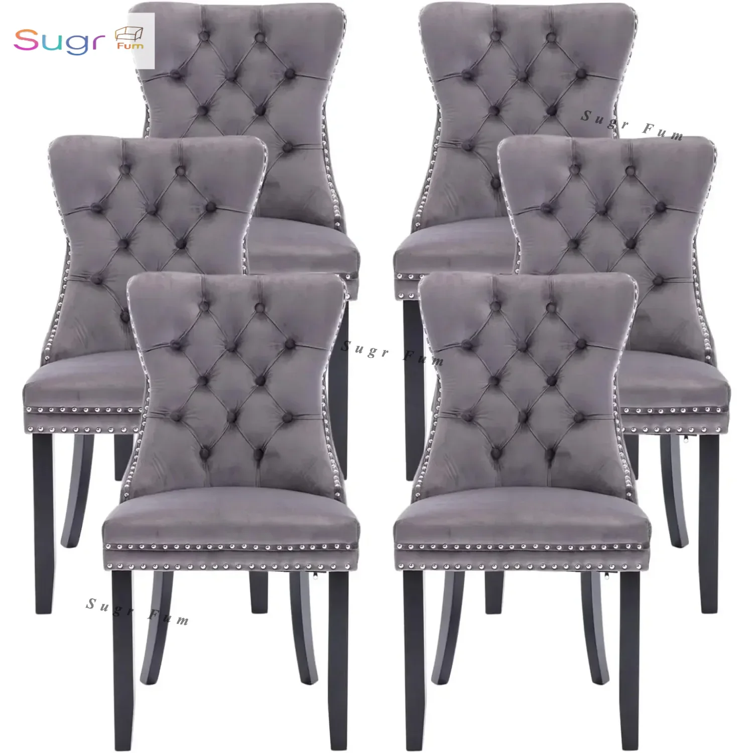 

Velvet Dining Chairs Set of 6, Upholstered Dining Room Chairs with Ring Pull Trim and Button Back, Luxury Tufted Dining Chairs