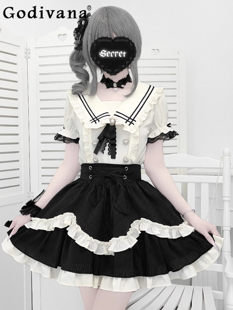 

Subculture Gothic Skirt Set Japanese Mine Mass-Produced Lolita Navy Collar Top Mini Skirt 2-Piece Set Girls Sweet Cool Outfit
