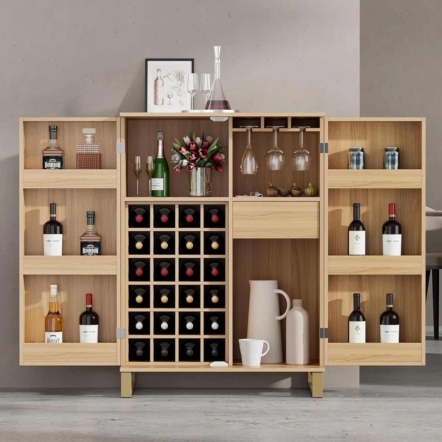 Mueble de Bar moderno para licor con 24 estantes para botellas de vino y 3 soportes para copas, aparador de Buffet independiente para cocina