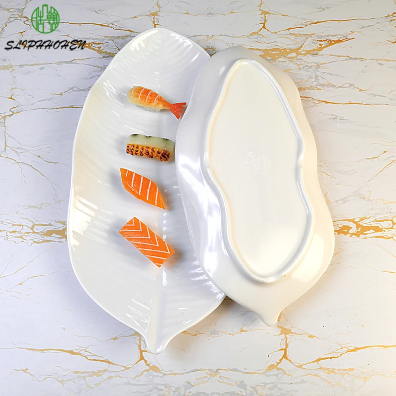 Barbecue Snacks Dinner Dish White Shape Of Banana Leaves 13/15 Inch A5 Melamine Tableware Imitation Porcelain