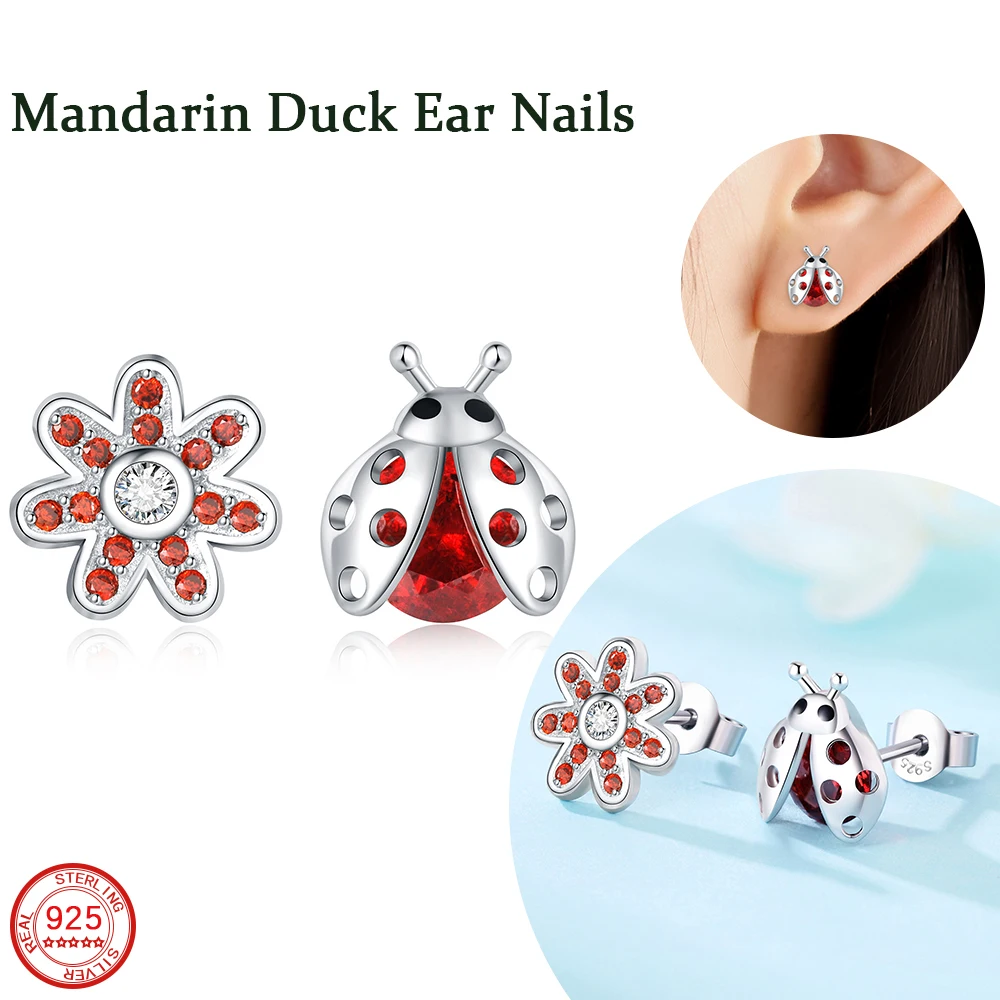 2024 New 925 Sterling Silver Red Seven Star Ladybug Small Flower Mandarin Duck Earnail Girl Wedding Party Gift