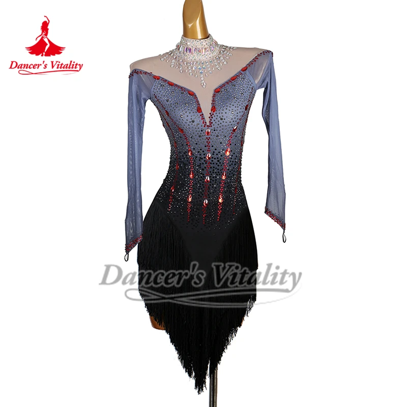 여성 고급 AB 스톤 라틴 댄스 전문가용 하이넥 프린지 스커트 성인 차차 삼바 공연 및 대회 드레스 맞춤 제작