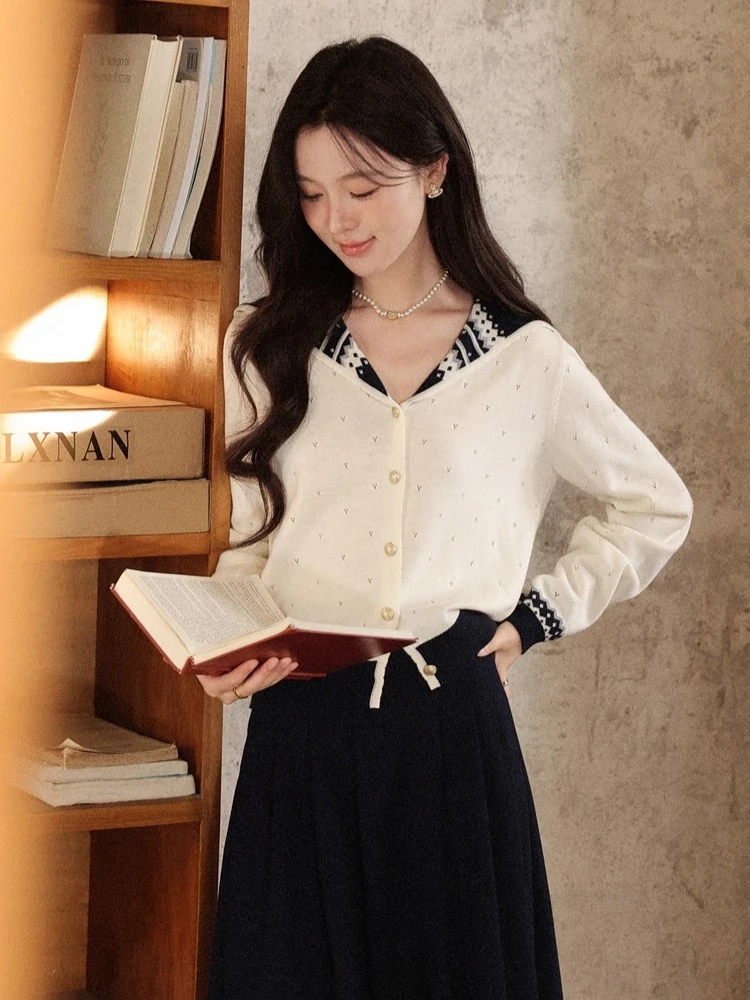 ALXNAN Strickpullover in Übergröße, Matrosenkragen, reguläre Passform, ausgehöhltes Design, Herbst, vielseitig, lässig, Pendeln, kurze Tops, D57625