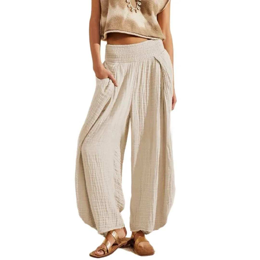 ارتفاع الخصر القطن المرأة السراويل مريحة عارضة واسعة الساق السراويل الربيع Faion تخفيف Sle كيت التفاصيل