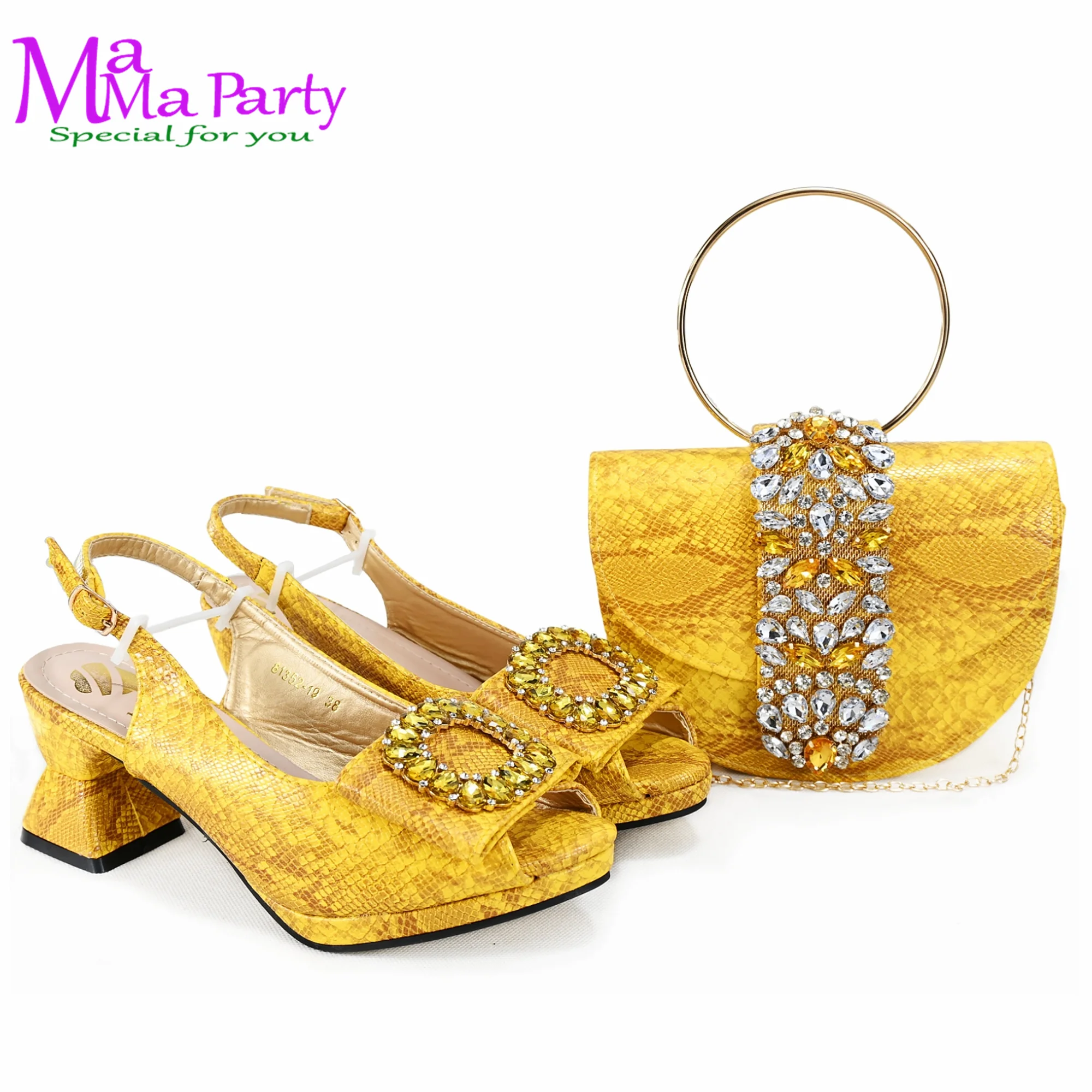 2024 Autumn New Design Specials Italian Women Shoes and Bag Set Comfortable Mid Heels With Rhinestone in Yellow Color