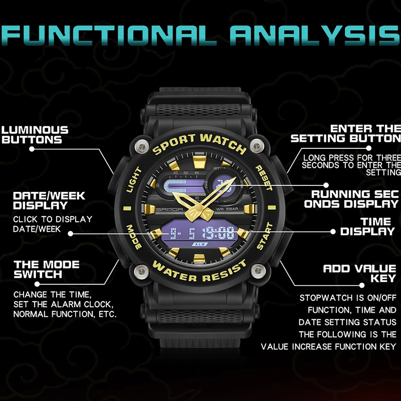 SANDA Multifunctional Style Watch Double Display Clock Military LED Digital Army Men Watch Student Electronics Waterproof Watch
