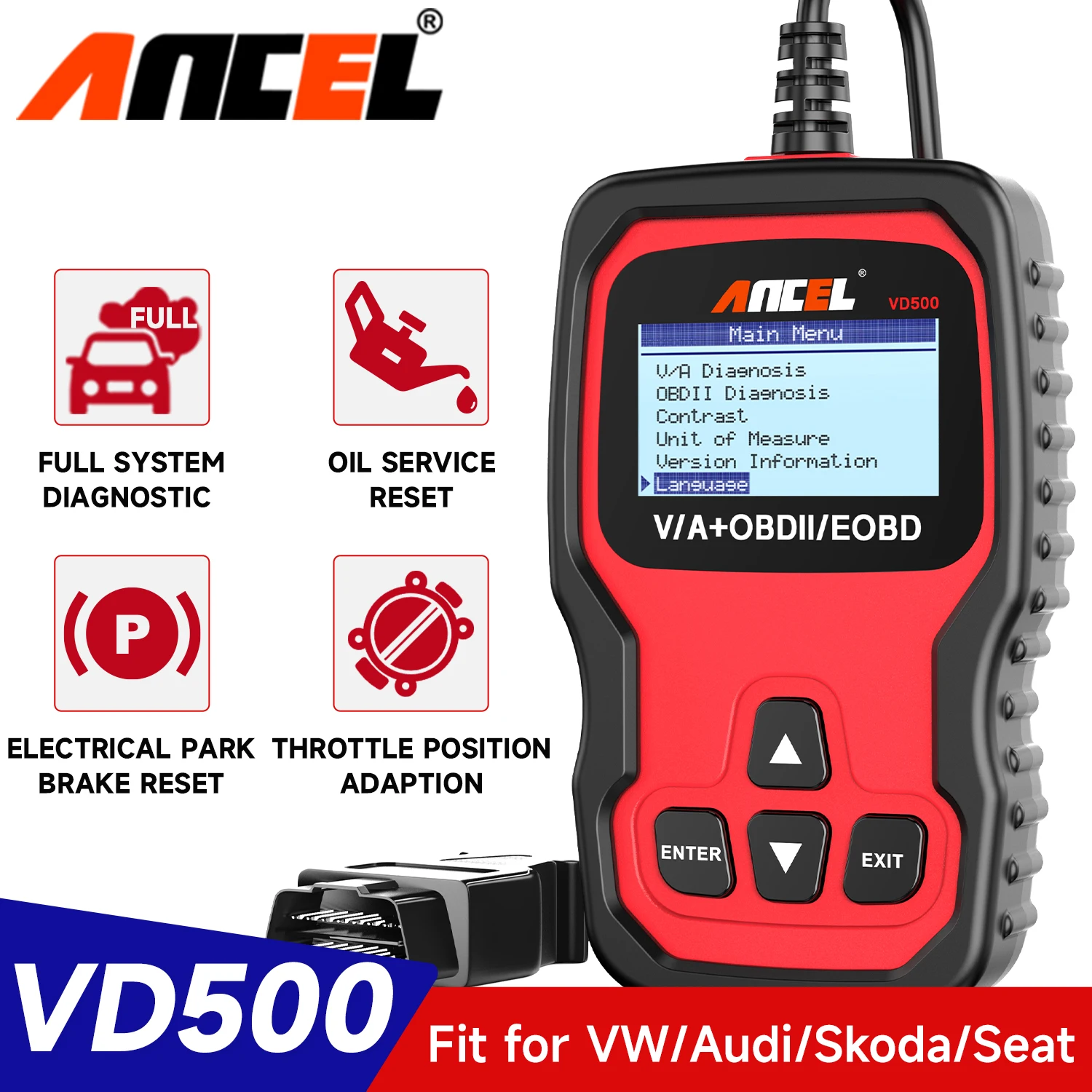 

Автомобильный сканер Ancel VD500 OBD2, считыватель кодов, полная система, диагностические инструменты, проверка двигателя EPB ABS, сброс масла для VAG VW Audi Skod