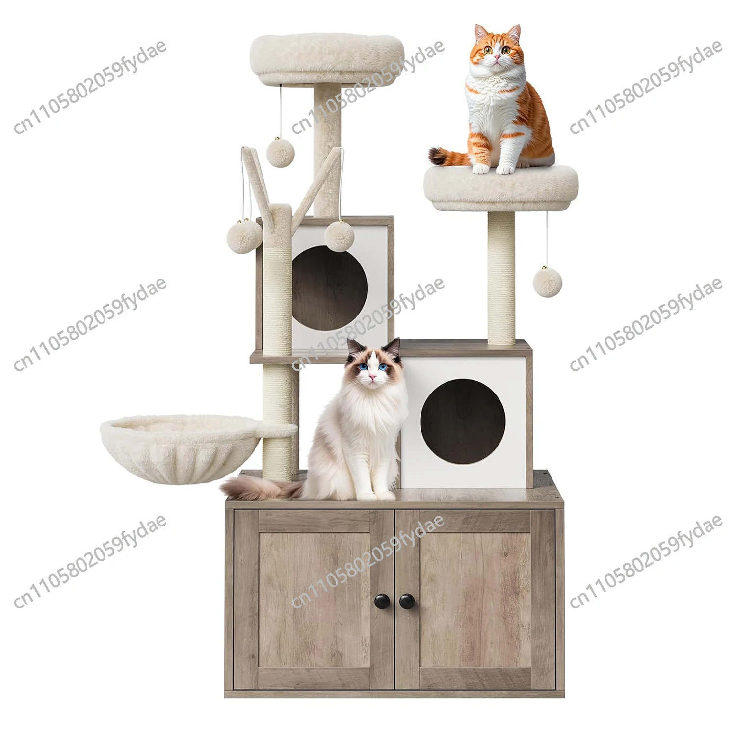 Cat Tree with Litter Box Enclosure,Cat Tower for Indoor Cats Wood Cat Condo with Scratching Post,Dangling Balls,Cat Backet Perch