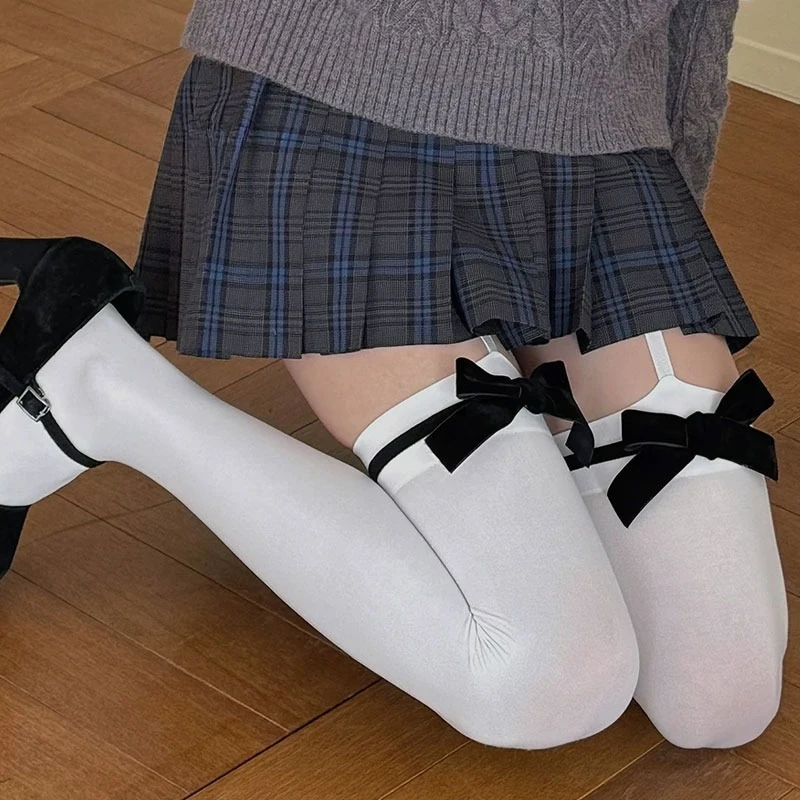 

New Leg Ring Suspender Bowknot Stockings Sheer Black Silk Over Knee Long Socks Pure Thigh High Stockings for Women