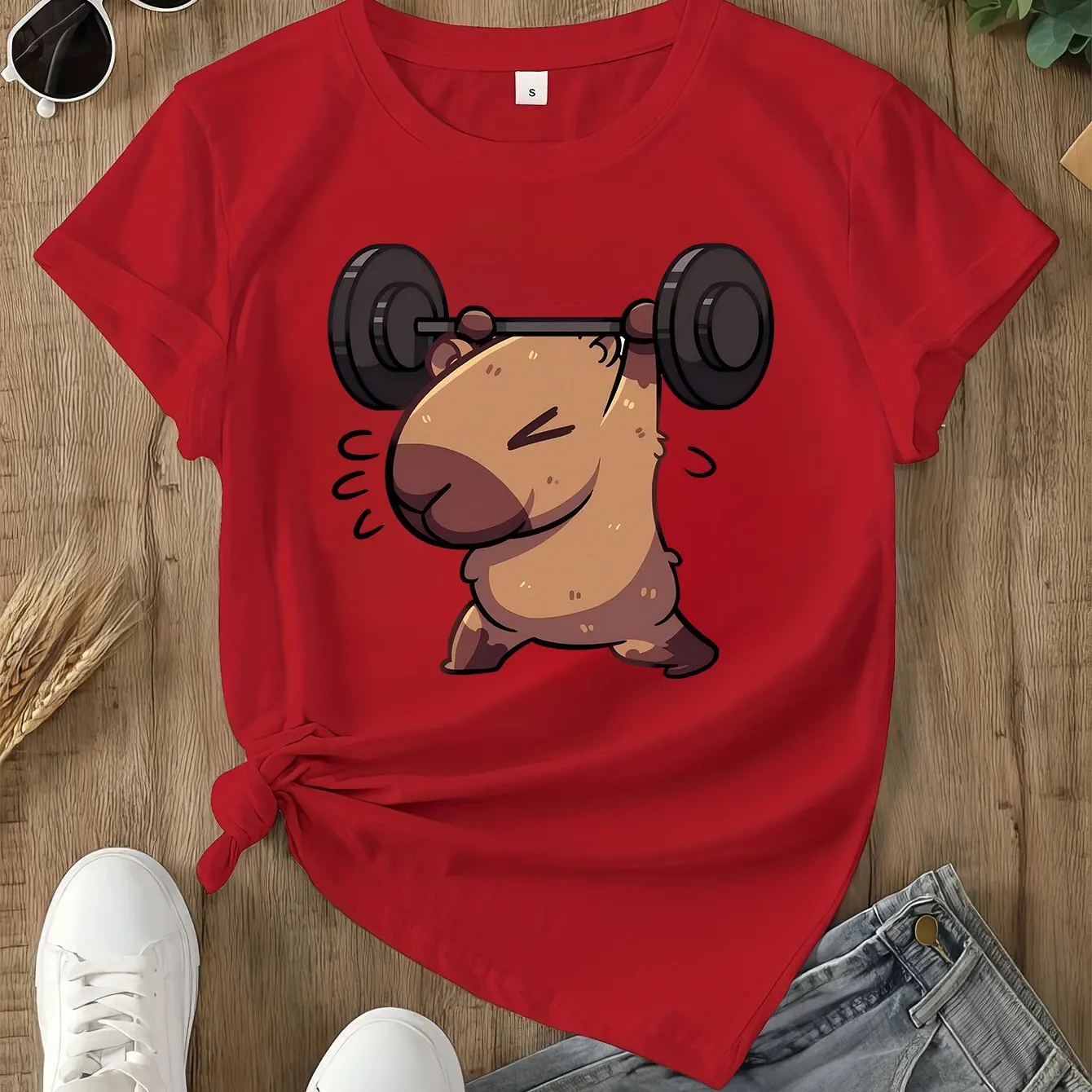 Cute Weightlifting Dolphin Printed Casual Short Sleeve Fun Fitness Exercise Loose Summer Top Unisex T-shirt Top