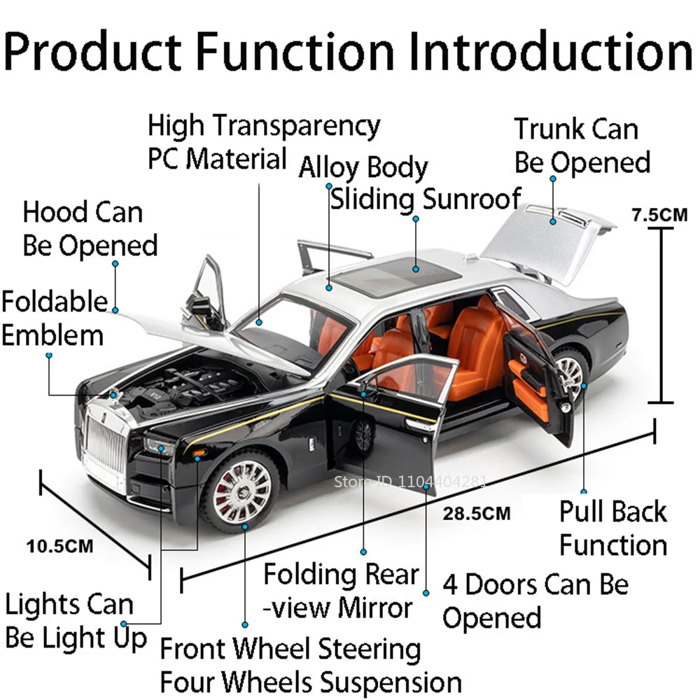 Large Size 1:18 Rolls-Royce Phantom Hellcat Toys Car Alloy Diecast Model Doors Opened Sound Light Pull Back Vehices Adult Gifts